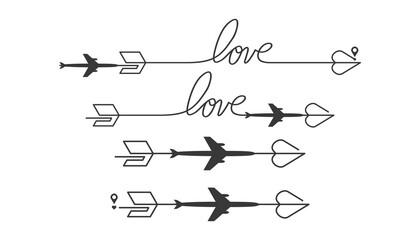 Airplane travel icons set on arrow. Takeoff and landing of a passenger plane. Flight route infographic elements. Airplane flight, aviation tourism vector collection of isolated illustrations