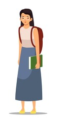 College or university student standing with book and backpack. Young happy girl standing isolated on white background. Higher academic education vector illustration