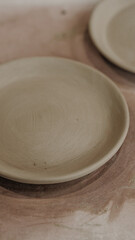 Ceramic tableware for the home. Bowls, cups, spoons, molds, ceramic plates on the background of the house and flowers.