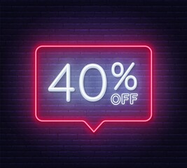 40 percent off neon sign on brick wall background. Vector illustration.