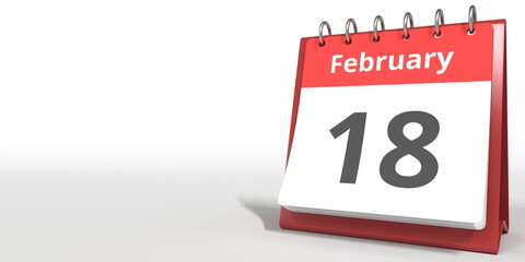 February 18 date on the flip calendar page, 3d rendering