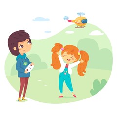 Kids playing with toy helicopter outdoors. Boy controling flying helicopter in sky. Weekend summer hobby activities vector. Smart children having fun in park or garden illustration