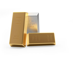 Two gold bars and one silver bar, isolated on white. 3d illustration