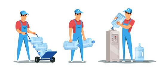 Filtered water courier flat vector characters set. Man holding bottles with clean purified fluid isolated cliparts pack. Drinkable water delivery service. Container with potable liquid.