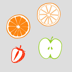 Set of fruit halves. Slices of apple, lemon, orange, grapefruit, strawberry fruit. Isolated on grey background - 385758767