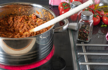 Bolognese Sauce simmering on the stove