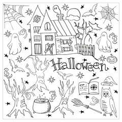 Big collection decorative elements for a party. Haunted house, owl, scary trees. Vector illustration for a fun Halloween holiday. Isolated objects on white background in the style of doodles.