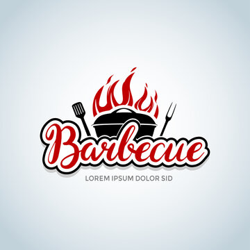 barbecue logo with bbq logotype and fire concept in combination with spatula. Barbecue party logo, party invitation template. Vector illustration.