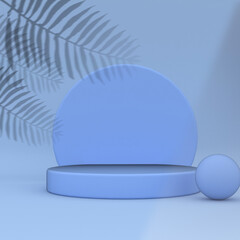 Podium, stand, showcase on pastel light, blue background for premium product with nature plant, leaves. Mock up for exhibitions, presentation of products, therapy, relaxation and health -3d render.
