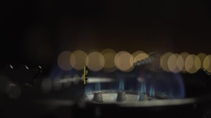 Gas stove spins from fire flying symbols of Russian ruble High quality 4k footage - Powered by Adobe