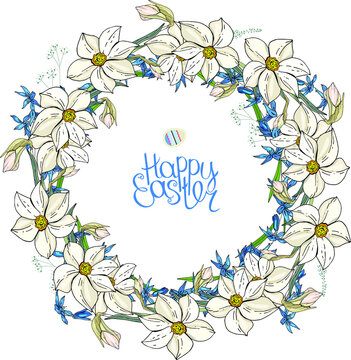 Round garland with spring flowers scilla and daffodils. Decorative saeson floral frame for festive design