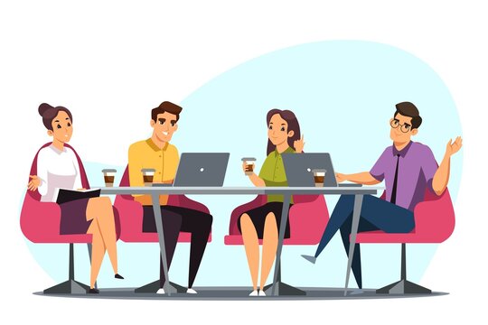Business meeting brainstorming. Team of people working at office vector illustration. Corporate communication. Men and women sitting, negotiating, studying