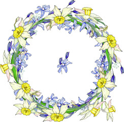 Round garland with spring flowers scilla and daffodils. Decorative saeson floral frame for festive design