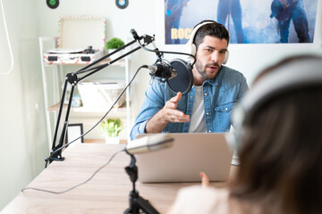 Talking during a podcast interview