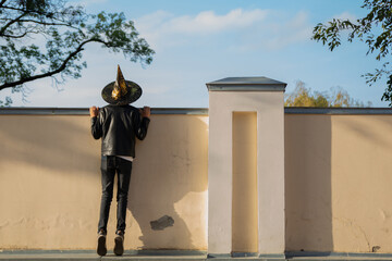 A boy in a wizard's hat looks over a high vintage stone wall - beyond the edge of reality, into the world of magic and fairy tales