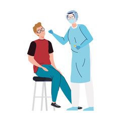 doctor making covid 19 virus test to a man on chair design of 2019 ncov cov and coronavirus theme Vector illustration