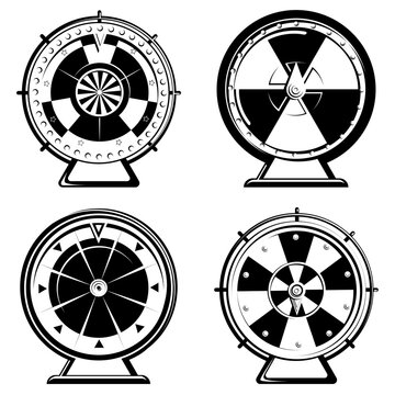 Set Of Different Wheels Of Fortune. Isolated Objects In Monochrome Style.