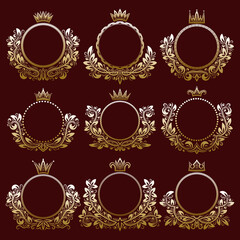 Floral coat of arms frames with crowns for logo design creating.