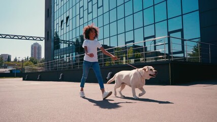 African american girl walking fast with labrador near modern building - Powered by Adobe
