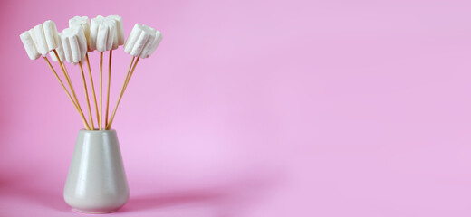 bouquet of marshmallows in a vase on a pink background. banner