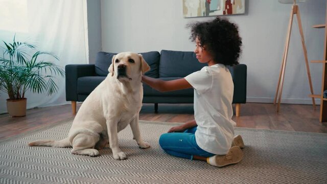 Side view of african american girl stroking labrador while sitting on carpet