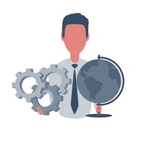 Businessman or clerk holding a globe and a gears. Male character in simple style, flat vector illustration. Business concept. Isolated on white background.