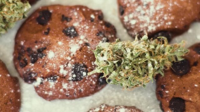 buds of marijuana on the table. Concept of cooking with cannabis herb. Treatment of medical marijuana for use in food