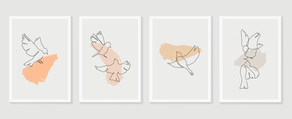 Birds wall art vector set. Earth tones animal line arts backgrounds with freedom and life concept.  Abstract Arts design for print, cover, wallpaper, Minimal and  natural wall art.