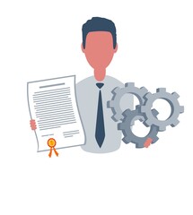 Businessman or clerk holding a winner certificate and a gears. Male character in simple style, flat vector illustration. Business concept. Isolated on white background.