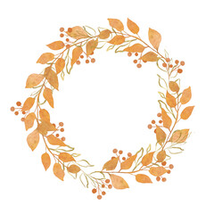 Watercolor autumn wreath with leaves and gold elements. 