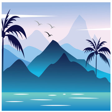 landscape illustration of mountains and sea of ​​trees. with colorful vector design background.