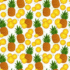 Pineapple watercolor seamless pattern with whole fruit, chunk and slices. Bright exotic fruit repeated background for fabric, textile, background, cover, print design.