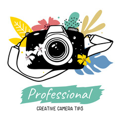 Vector illustration of black slr photo camera with flower and strap on white background with text.