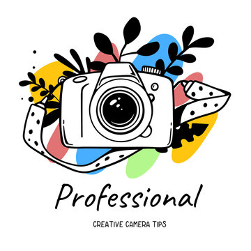 Vector illustration of white slr photo camera with strap on white background with flower and text.