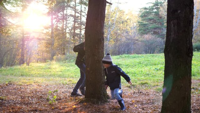 A teenager plays with a child, runs in the Park around a tree and catches up with him. The sun's rays penetrate the pine forest. Laughter and joy of the whole family.
