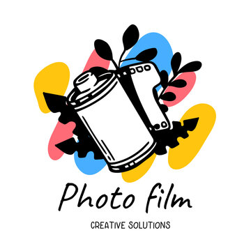 Vector illustration of photo film with flower and text on white background.