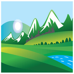 Obraz premium landscape illustration mountains green field vector design background