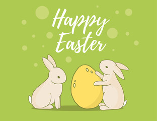 Vector easter illustration with two rabbit and yellow egg on green background.