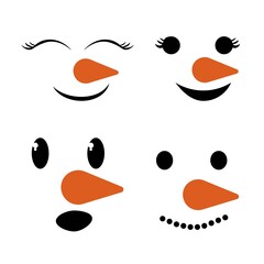 Set cute, funny snowman faces isolated on white background. Holiday decorations. Childish naive character, expression. Vector illustration