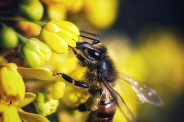Bee close-up . A bee pollinates a flower . A bee on a yellow flower.