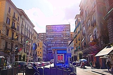 Digital painting style that represents a glimpse of a street in the historic center of Naples