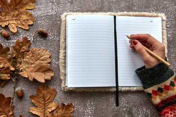 Autumn composition made of brown dried leaves and acorns on dark concrete background. Template mockup blank notebook and hand with a pen. Fall, halloween. Flat lay, copy space background