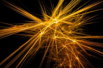 Golden glowing rays in different directions and stars. Abstract glowing background for design and decoration.