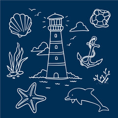 Vector illustration of white color marine elements set on dark blue background. Line art style design of striped lighthouse, anchor, dolphin, lifebuoy starfish and other object