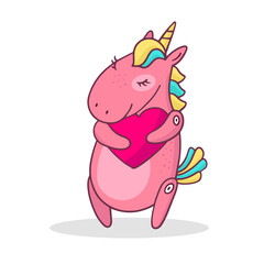 Vector romantic illustration of magic pink unicorn with heart. Little pony with golden horn on white background with shadow.