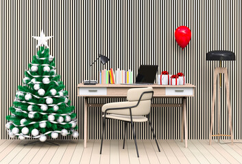Christmas interior workspace with computer. 3d render