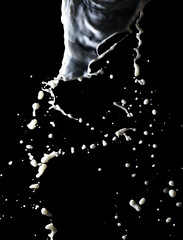 Fototapeta premium Splashes of white milk isolated on a black background.