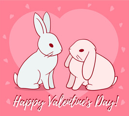 Vector illustration of romantic couple of rabbit on red background with heart and text.