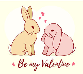 Vector illustration of romantic couple of sitting rabbit on yellow background with heart and text.