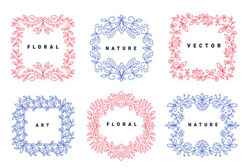 Vector set of template with color floral ornament frame and text on white background